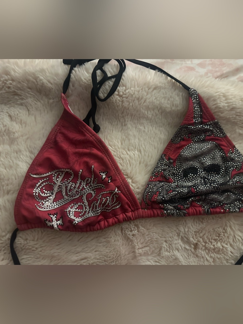 Red Embellished Triangle Bikini Top with Rhinestone Skull and Script Accents